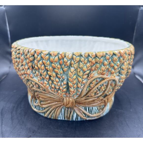 Vintage Wheat Sheath with Bow Ceramic Planter Majolica Style 8.5 Inches China - Picture 2 of 10